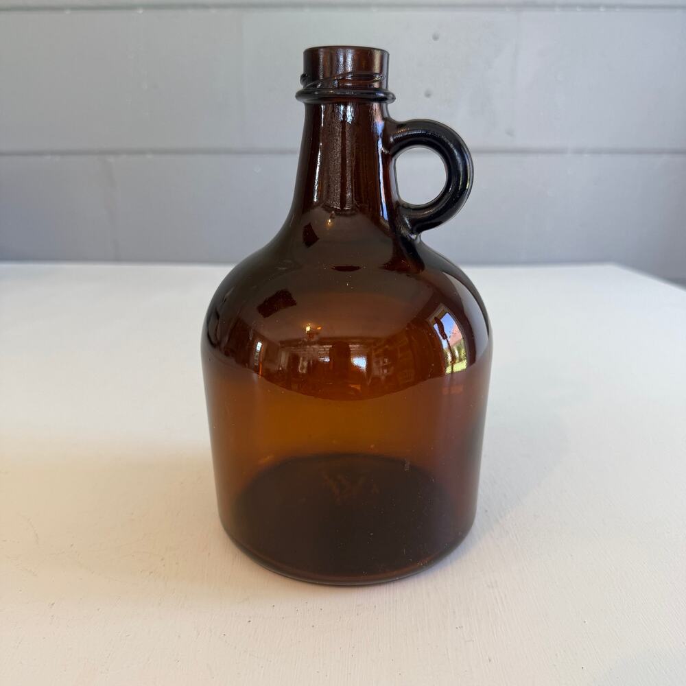 Vintage Amber Glass Jug 1/2 Gallon Brown Bottle Finger Loop Handle Growler